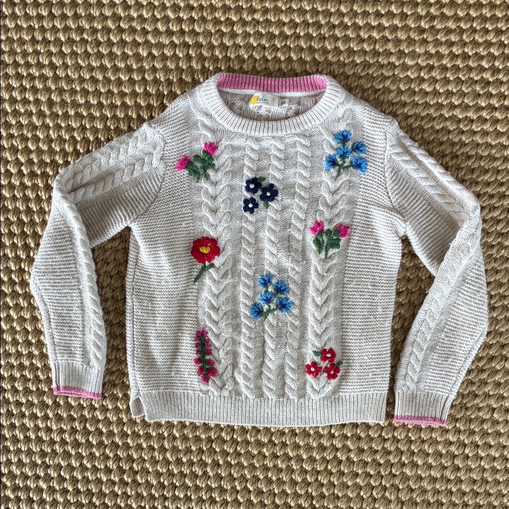 Mini Boden Girls Cable Knit Sweater with Floral Embroidery